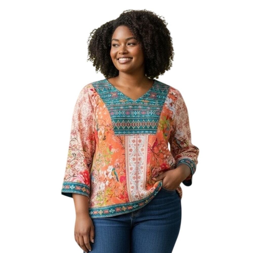 JOHN MARK EMBROIDERED V-NECK MELON Bohemian Floral Blouse 3X